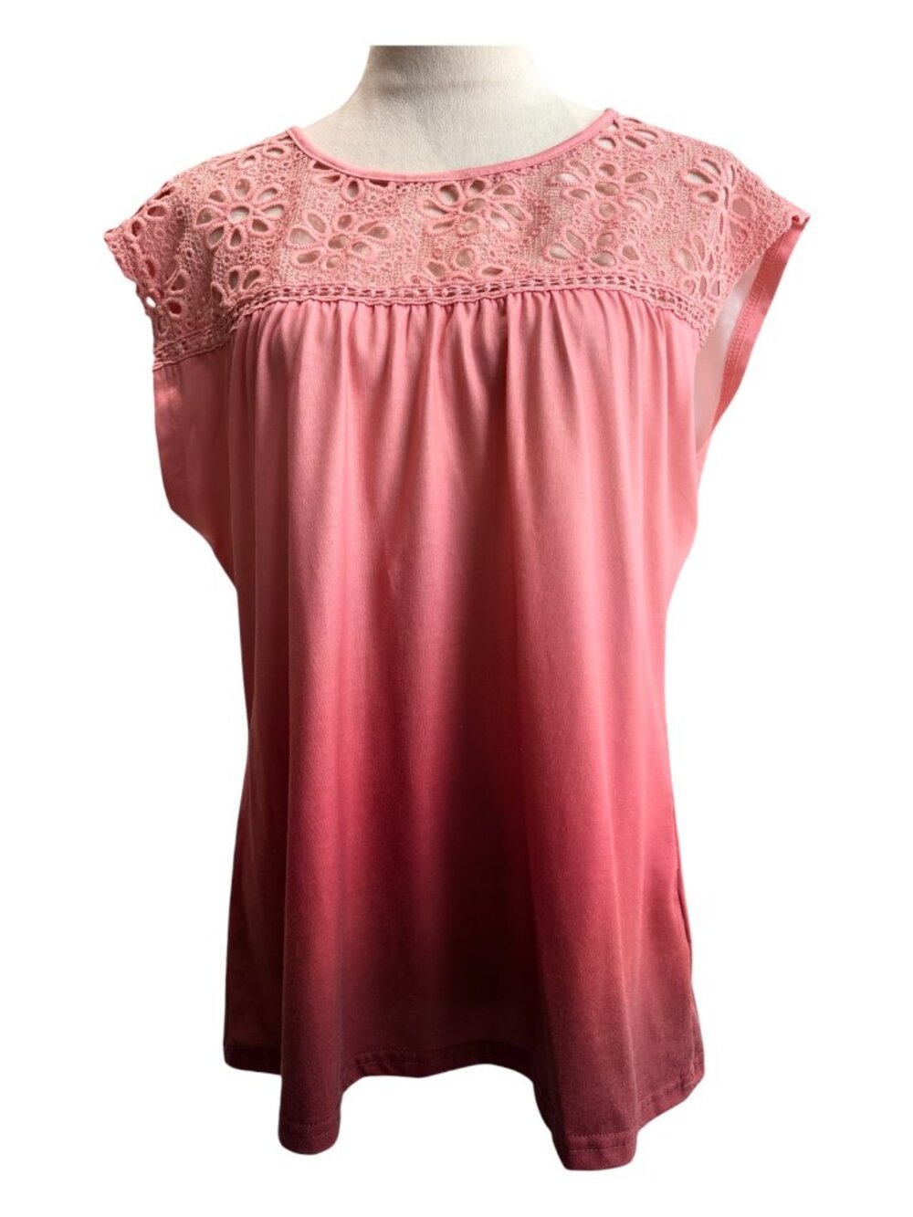 Pink Ombre Dip-Dye Crochet Lace Yoke Top Size L (2651-1)